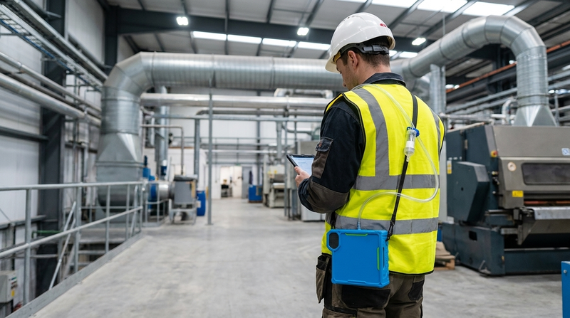 Industrial hygienist wearing a personal air sampling pump clipped to their lapel on a manufacturing facility floor