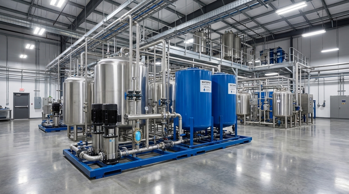 Industrial water filtration system with pressure vessels and multimedia filter housings in a Canadian industrial facility