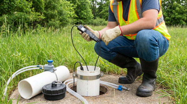 Consultant en environnement mesurant la qualité de l'eau à un puits de surveillance des eaux souterraines avec un appareil Hanna Instruments