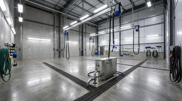 Commercial truck wash bay with OlioSep oil water separator installed at floor drain — ERE Inc.