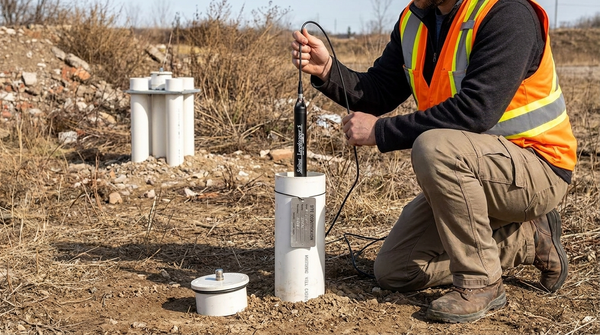 Consultant en environnement déployant un Solinst Levelogger 5 dans un puits de surveillance ESA Phase II