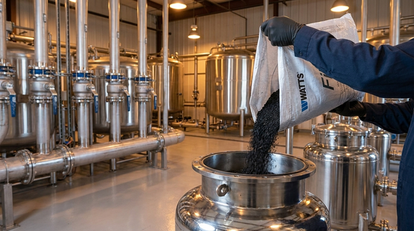 Technicien en traitement d'eau chargeant le média filtrant Filox dans une cuve de filtration en acier inoxydable dans une installation industrielle canadienne