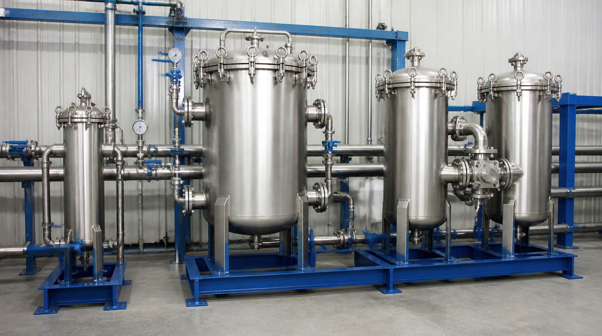 Single-bag multi-bag and duplex bag filter housing configurations in industrial facility