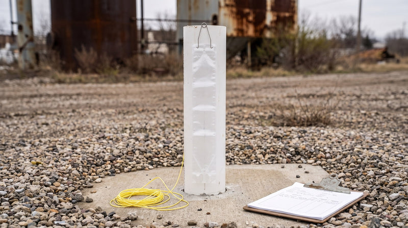 HydraSleeve no-purge groundwater sampler hanging from its spring clip on a white PVC monitoring well casing