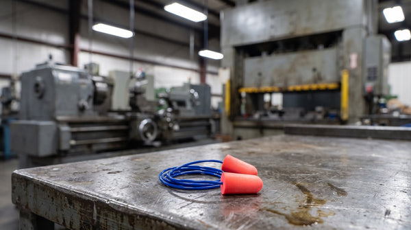 Bouchons d'oreille en mousse à cordon sur un établi d'acier dans un atelier d'usinage