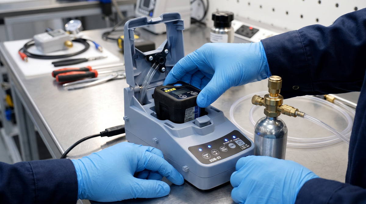 Technician docking a portable gas detector into a calibration station with a calibration gas cylinder