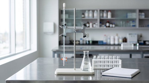 Retort stand with double burette holder and burette on a stainless steel laboratory bench