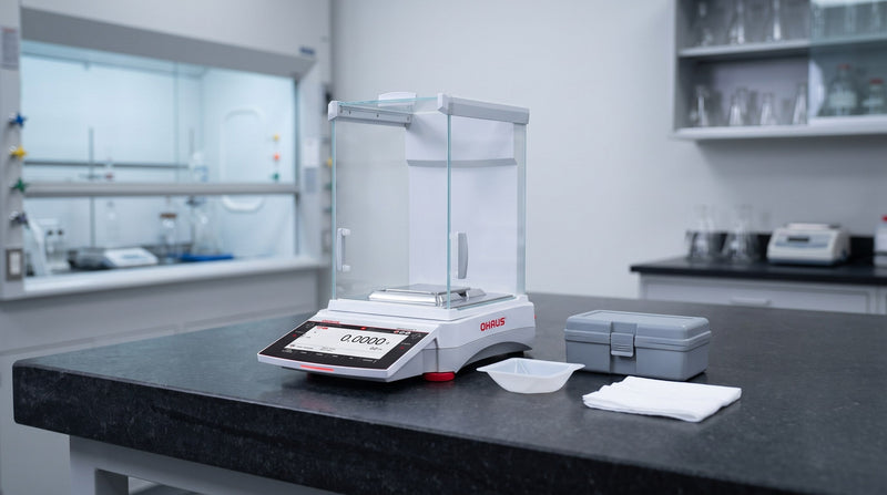 OHAUS analytical laboratory balance with a closed glass draft shield on a stone bench beside a weighing boat and a calibration-weight case in a testing laboratory