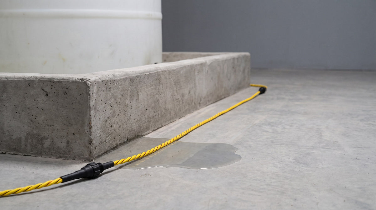 Câble jaune de détection de fuites posé le long d'une digue de rétention en béton, avec une flaque près d'un réservoir blanc