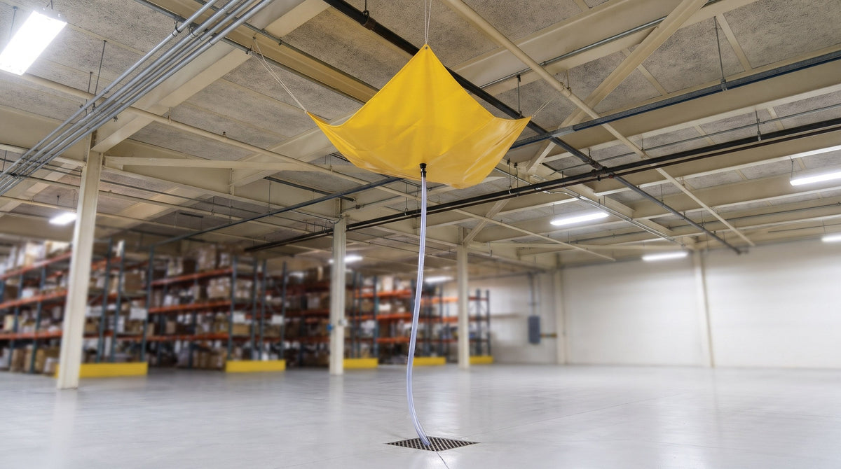 Yellow leak diverter tarp hung from warehouse joists with a clear hose running to a floor drain