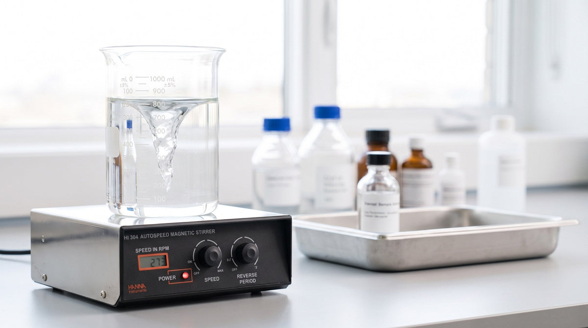 Agitateur magnétique Hanna HI 304 avec un bécher d'eau sur une paillasse de laboratoire