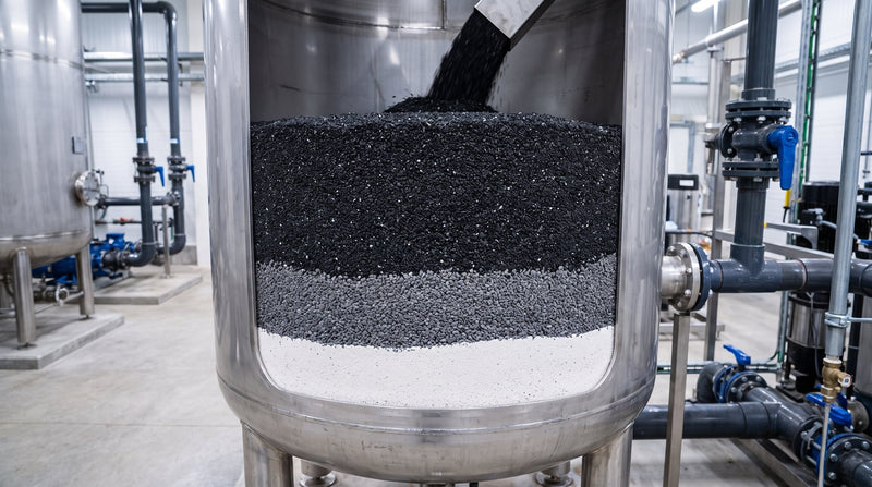 Manganese greensand, anthracite and sand filtration media layers in an industrial multi-media filter vessel
