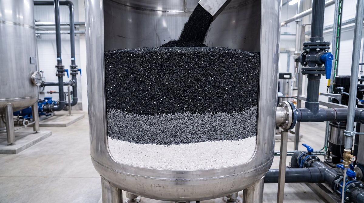 Glauconite manganésée, anthracite et sable — couches de médias filtrants dans un réservoir multimédia industriel