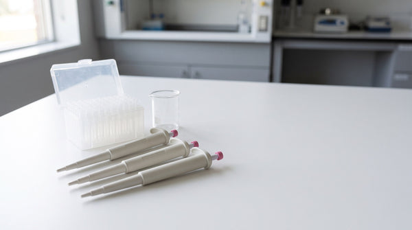 Three fixed-volume micropipettes beside a rack of pipette tips on a laboratory bench