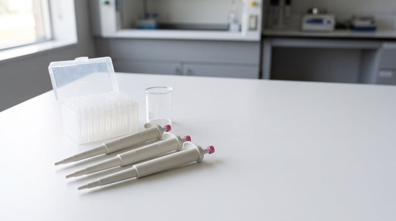Trois micropipettes à volume fixe à côté d'une boîte d'embouts sur une paillasse de laboratoire