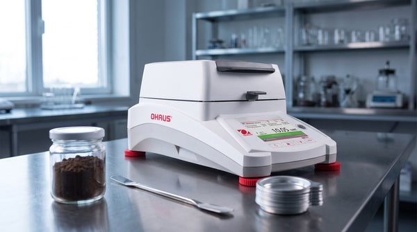 OHAUS MB120 halogen moisture analyzer on a stainless-steel laboratory bench beside a jar of soil, a spatula and aluminum weighing pans