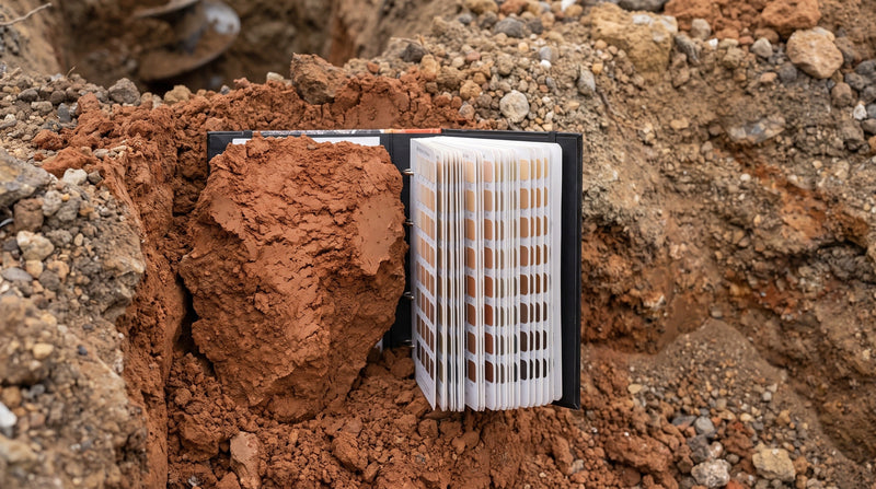 Munsell soil color chart binder open against freshly excavated soil at a field test pit