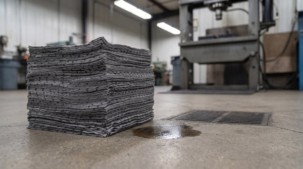 Pile de tampons absorbants gris perforés près d'un drain de plancher et d'une tache d'huile dans un atelier