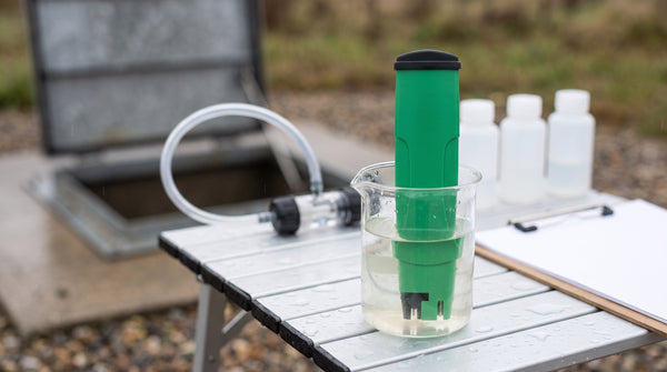 Green pocket ORP tester with its electrode in a beaker of water on a field table beside a monitoring well