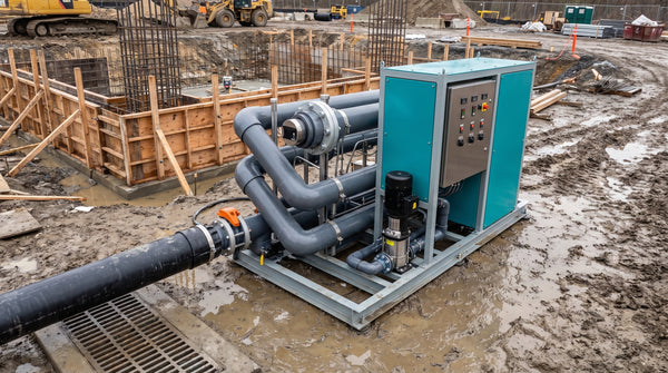 Continuous-flow pH adjustment system installed at a construction dewatering site next to a discharge pipe