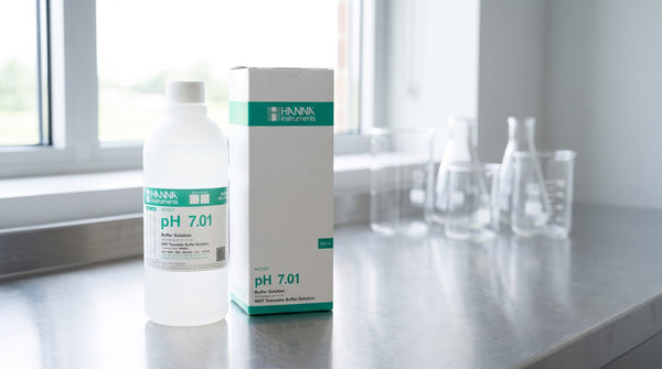 Hanna pH 7.01 buffer solution bottle and carton on a stainless steel laboratory bench