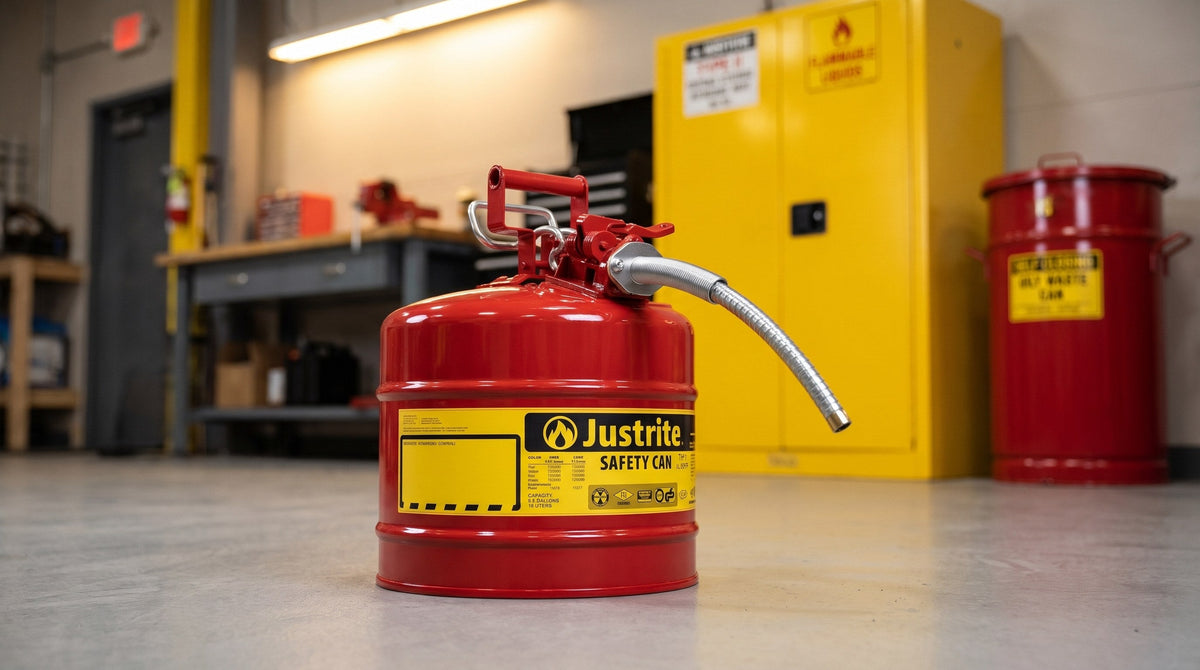Bidon de sécurité Justrite rouge de type II avec tuyau flexible près d'une armoire de produits inflammables dans un atelier