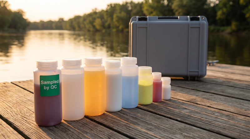 Rangée de bouteilles d'échantillonnage en HDPE à large goulot sur un quai près d'une rivière