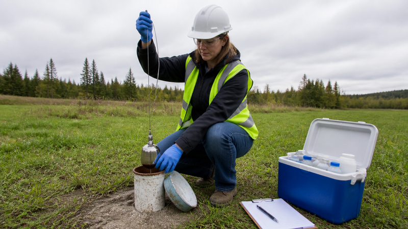 Environmental consultant sampling groundwater with stainless steel bailer at monitoring well