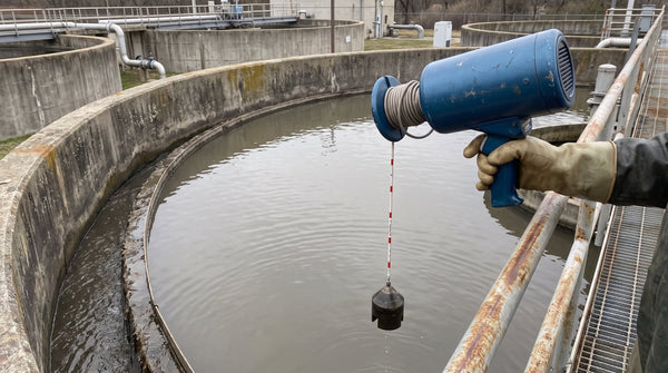 Operator lowering a Sludge Gun optical probe into an open wastewater clarifier tank