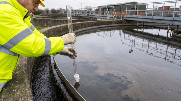 Technicien environnemental descendant un échantillonneur Sludge Judge dans un clarificateur d'eaux usées pour mesurer la profondeur des boues