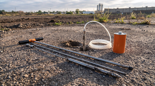 Trousse de sonde à gaz et vapeurs en acier inoxydable avec tubing et canister sur un site en friche