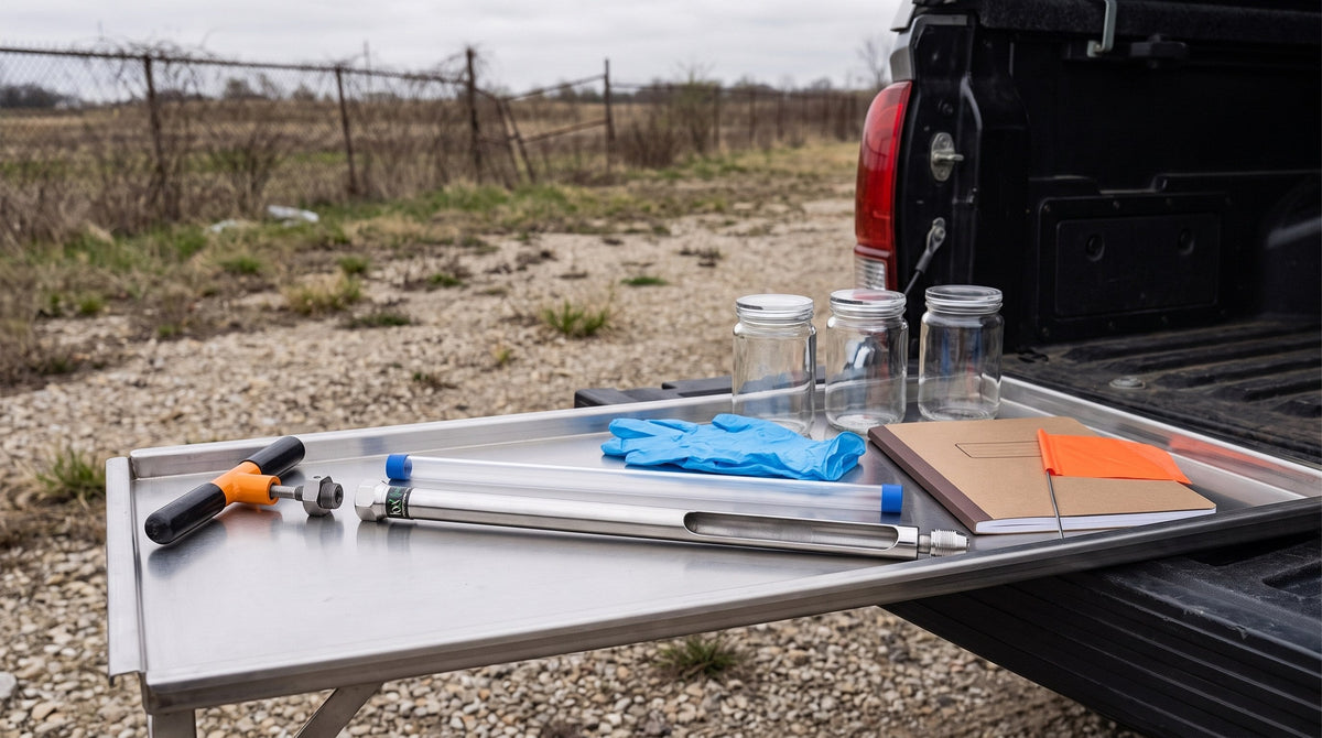 Sonde d'échantillonnage de sol avec gaine, poignée en T et pots sur un plateau en acier inoxydable