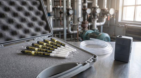 Zefon sorbent tubes fanned on the foam lining of an open field sampling case beside clear tubing and a small sampling pump
