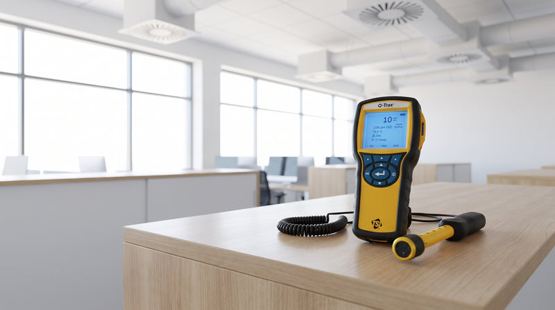 Moniteur de qualité de l'air intérieur TSI Q-Trak sur un bureau dans un bâtiment commercial