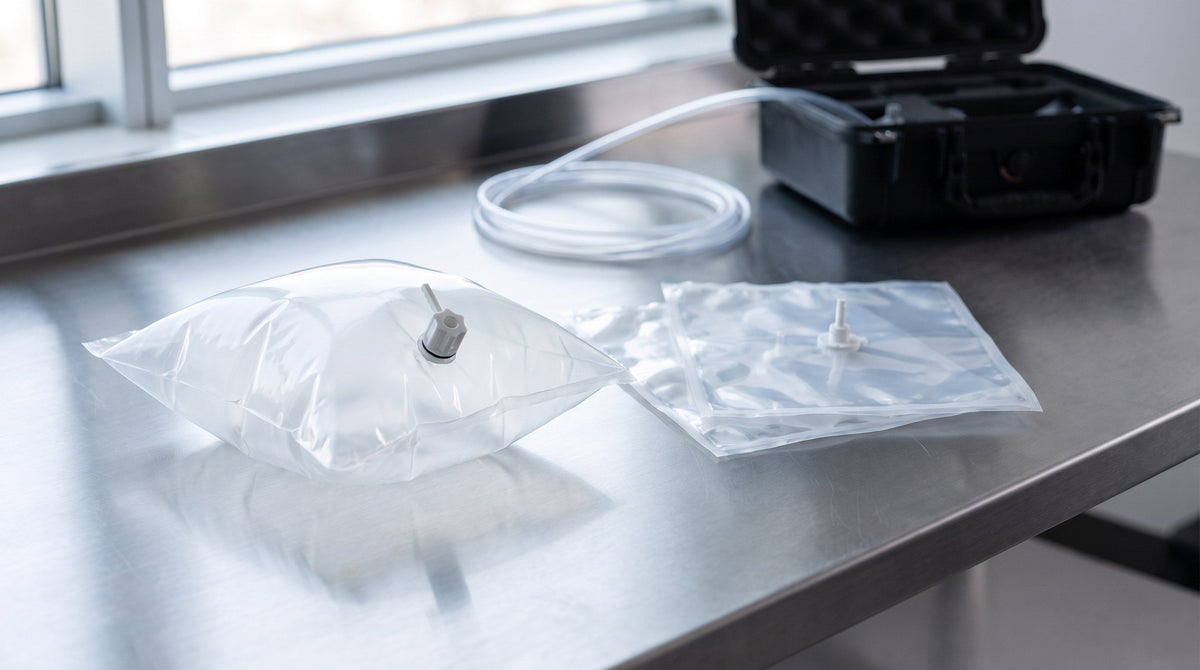 Clear Tedlar gas sampling bags with white screw-cap valves on a stainless steel laboratory bench beside tubing and a sampling case