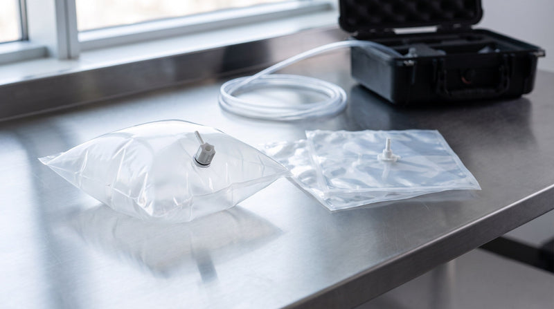 Sacs d'échantillonnage de gaz Tedlar transparents à valve blanche à vis sur un banc de laboratoire en acier inoxydable, à côté d'un tube et d'une mallette