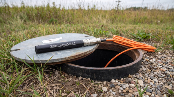 Solinst LevelVent 5 water level logger with orange vented cable resting on an open groundwater monitoring well cover