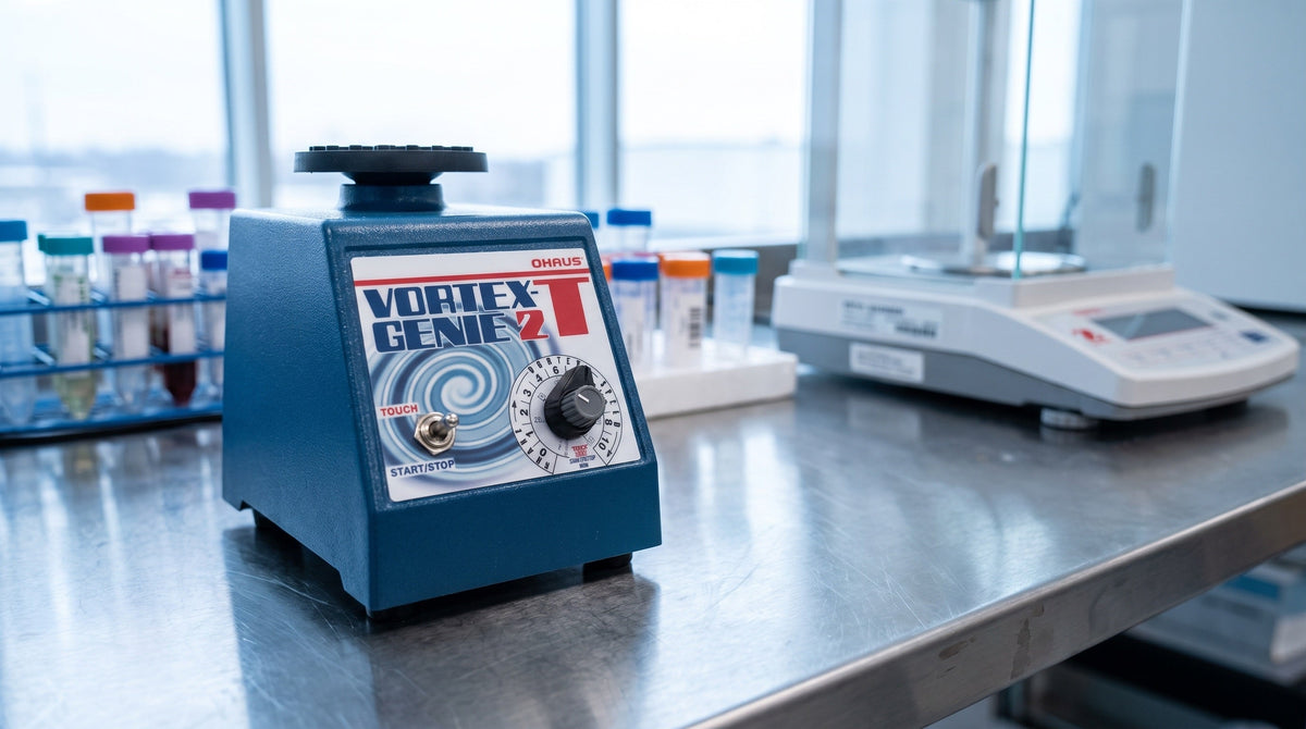 OHAUS Vortex-Genie 2T vortex mixer on a stainless steel laboratory bench beside a tube rack and balance