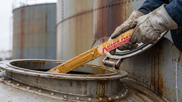 Gloved hand lowering a paste-coated gauging stick into a fuel storage tank