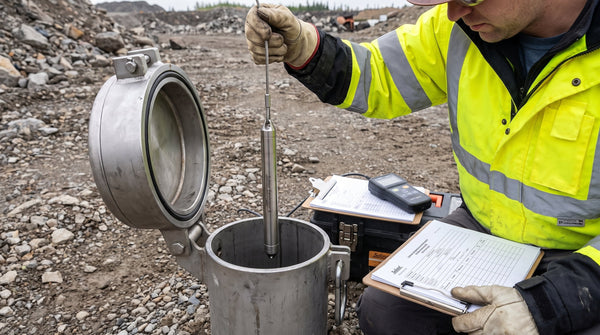 Field technician lowering a Solinst water level data logger into a groundwater monitoring well