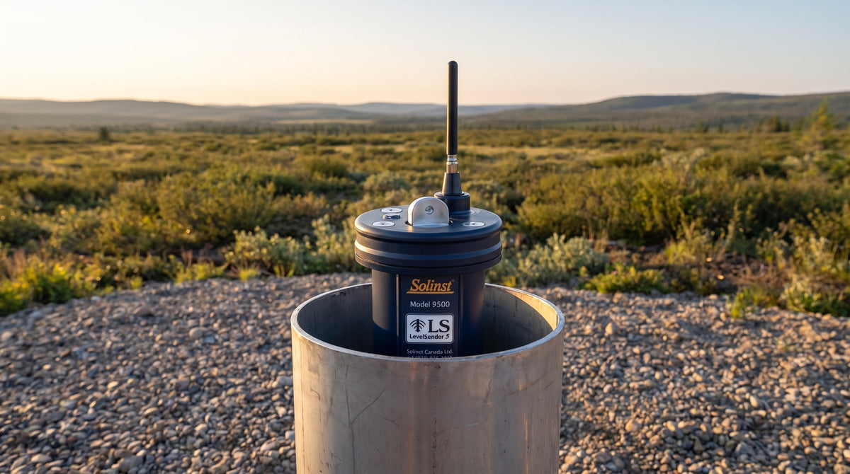 Solinst Model 9500 LevelSender 5 telemetry unit installed in a groundwater monitoring well at a remote Canadian site