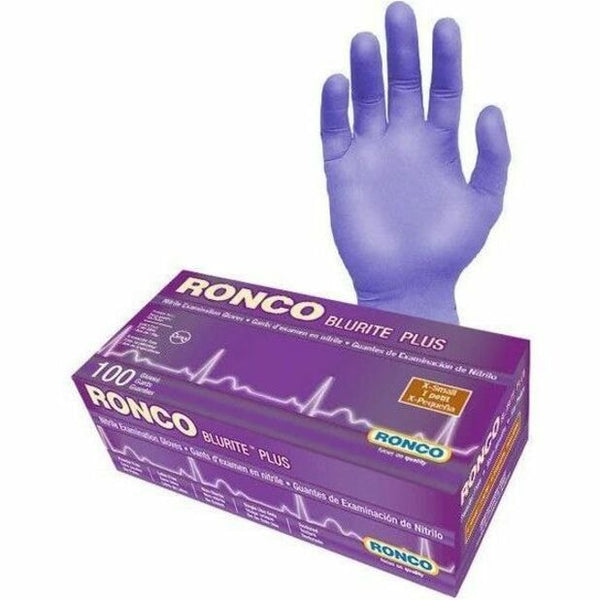 Grand & Toy CDN. Correct product: RONCO BLURITE PLUS nitrile exam gloves, purple box + glove on white bg. Verified via R