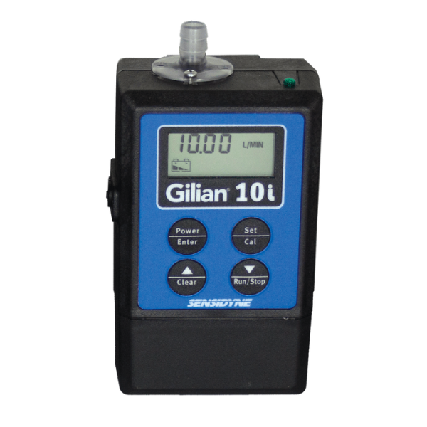 Sensidyne Gilian 10i (a Power Series model) on white bg, confirmed via Read: black/blue handheld pump, 'Gilian 10i' + 'S