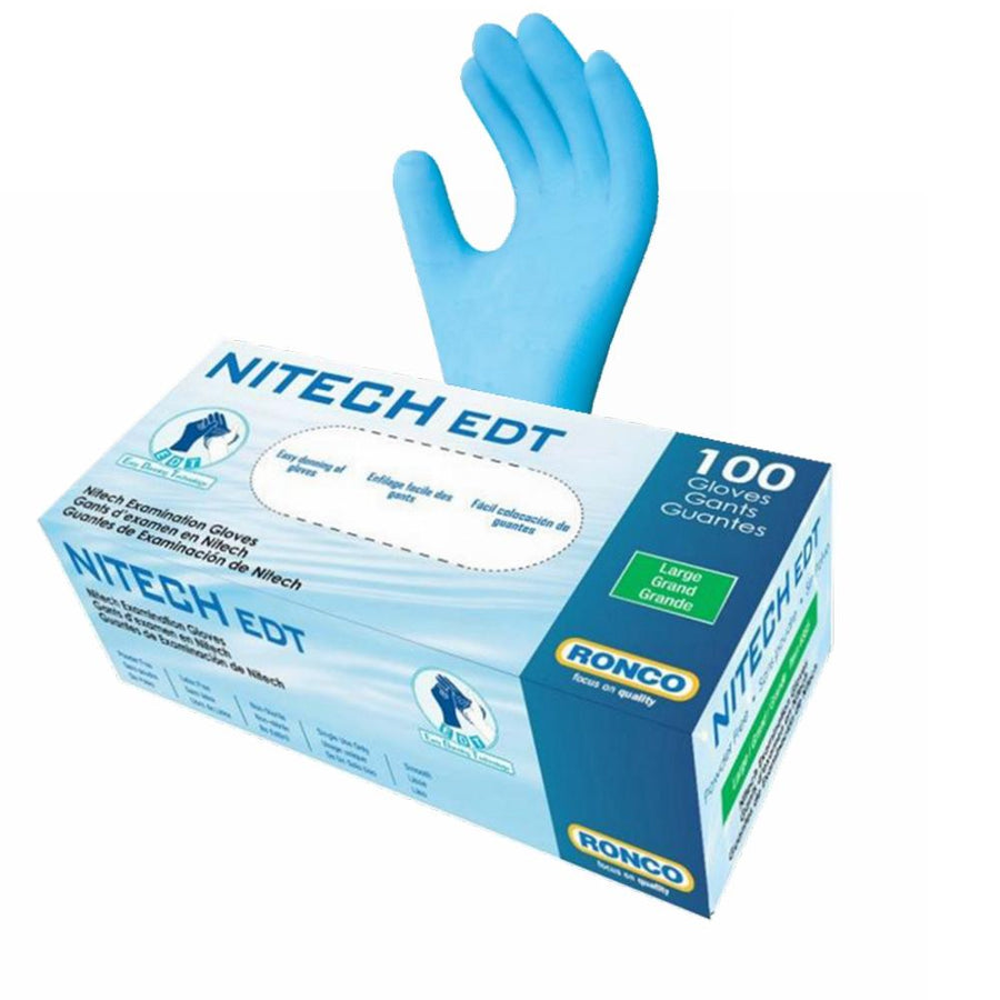 RONCO Nitech EDT box (100 gloves) with blue nitrile glove, white bg. From The Supply Room Shopify CDN, stripped &width=8