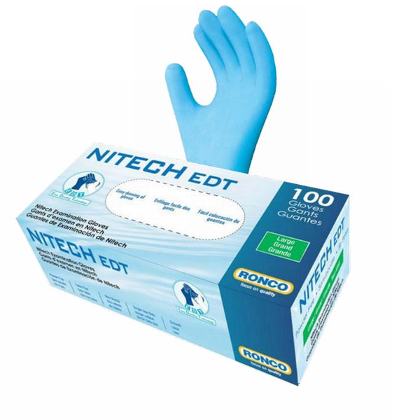 RONCO Nitech EDT box (100 gloves) with blue nitrile glove, white bg. From The Supply Room Shopify CDN, stripped &width=8