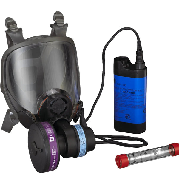3M Powerflow Face-Mounted PAPR: gray full-face mask w/ 3M-branded face-mounted blower+filter, BP-17IS battery pack, char