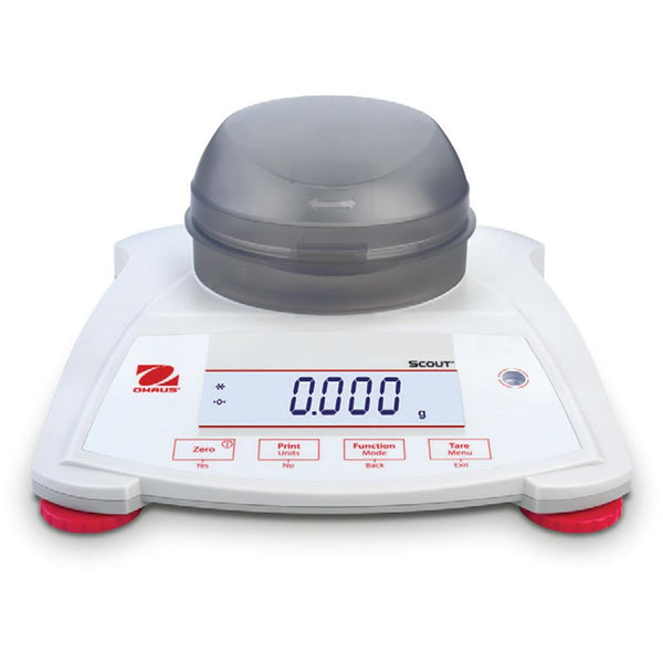 Ohaus Scout SPX portable balance on clean white bg, 1000x1000 JPEG, verified via Read: OHAUS logo, 'Scout' branding, rou