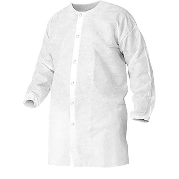 RONCO CoverMe polypropylene disposable shirt (mfr code 44-160), white snap-front smock with elasticized cuffs. Source: N