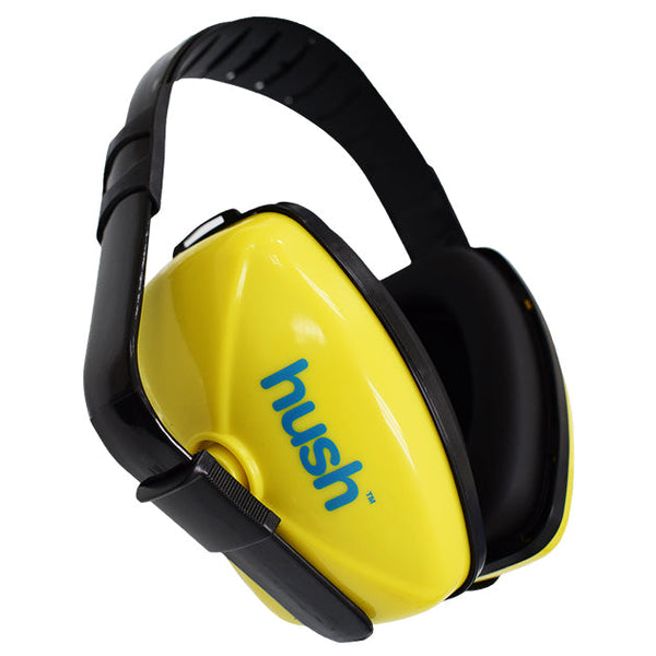 Hi-viz yellow ABS earmuff, black headband, blue 'hush' branding - exact match for RONCO Hush 50-436. Clean white bg. Sho
