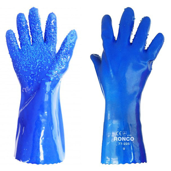 Securite Medic Shopify CDN original (1024x1024). Shows blue RONCO PVC double-dipped gloves with textured chip-grip palm,